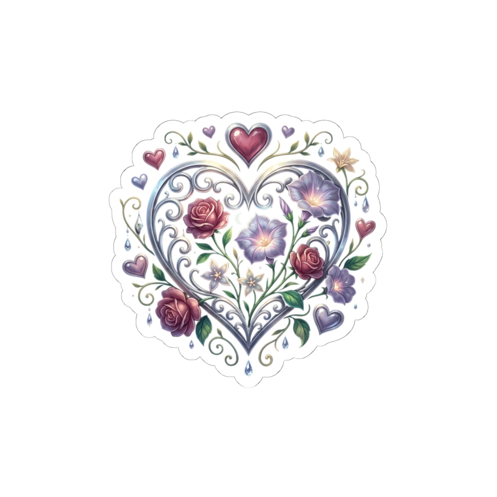 Floral Heart Kiss-Cut Sticker — Romantic Rose & Morning Glory Decorative Decal