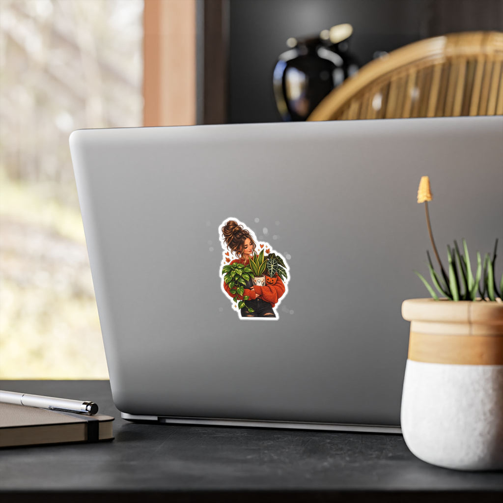 Plant Mom Kiss-Cut Vinyl Sticker — Cozy Girl Holding Houseplants (Fall/Autumn)