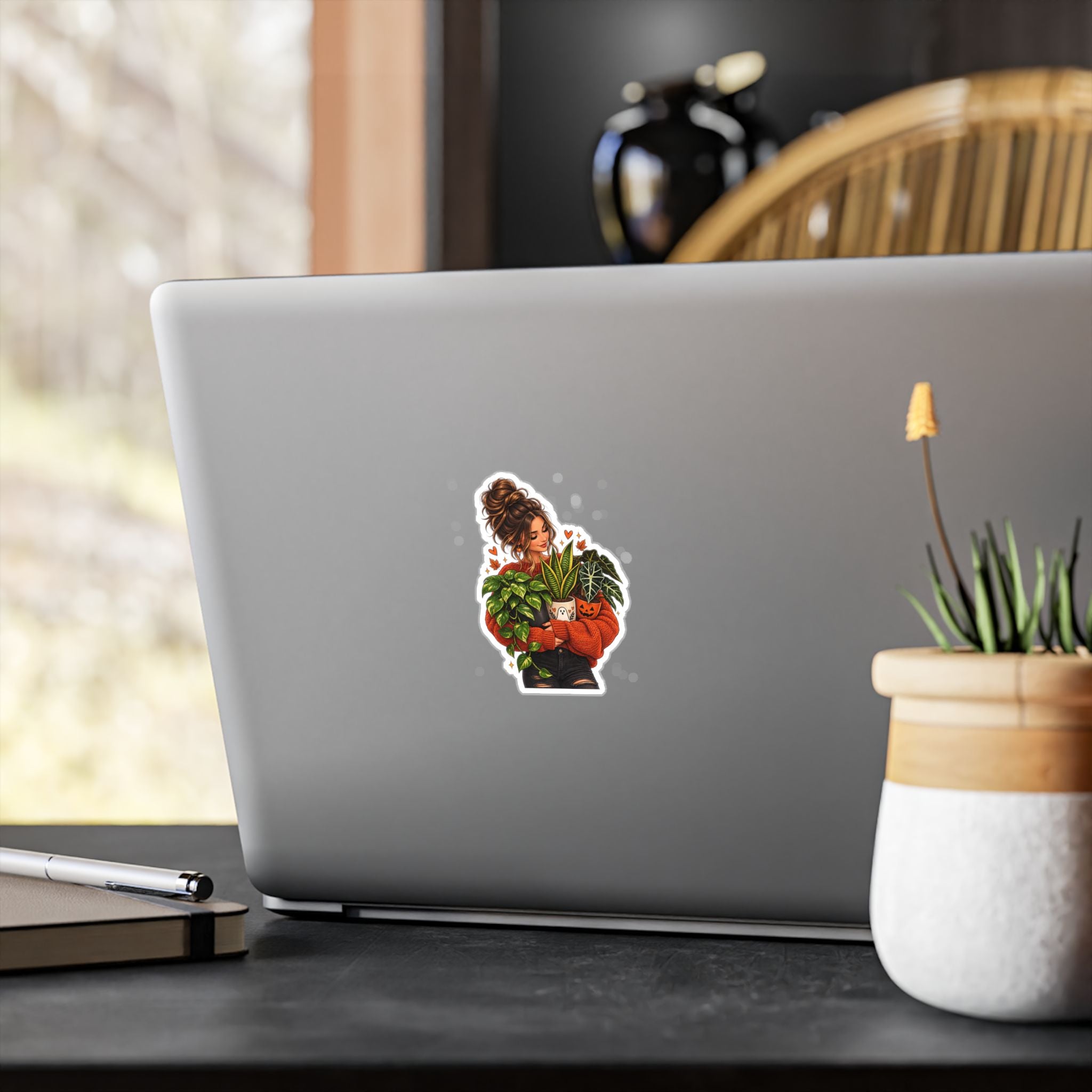 Plant Mom Kiss-Cut Vinyl Sticker — Cozy Girl Holding Houseplants (Fall/Autumn)