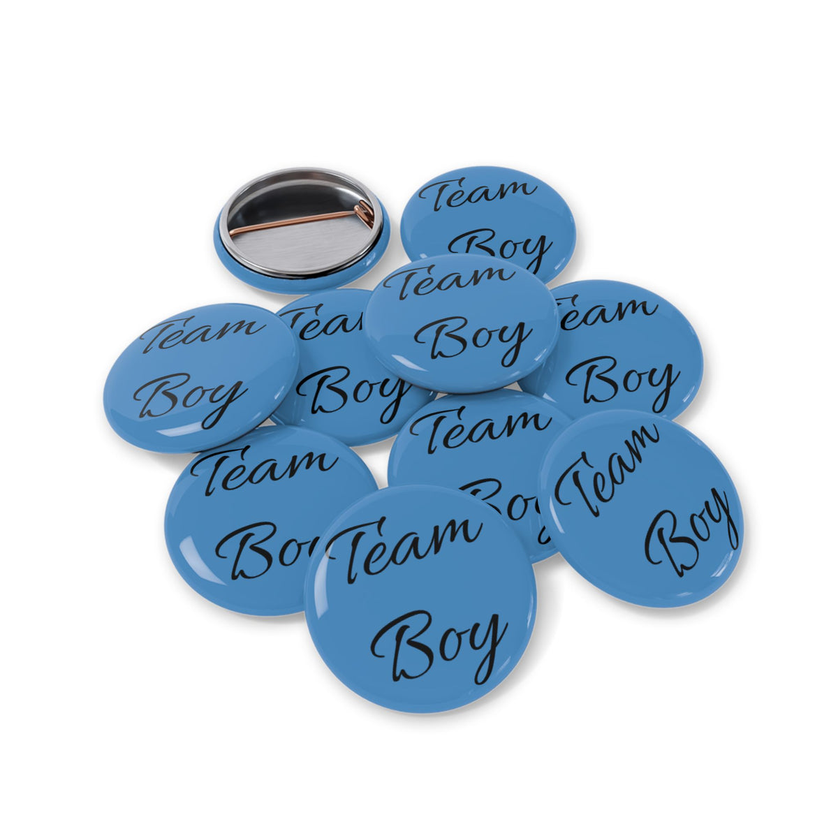 Team Boy Round Pin Button — Blue Gender Reveal/Announcement Accessory