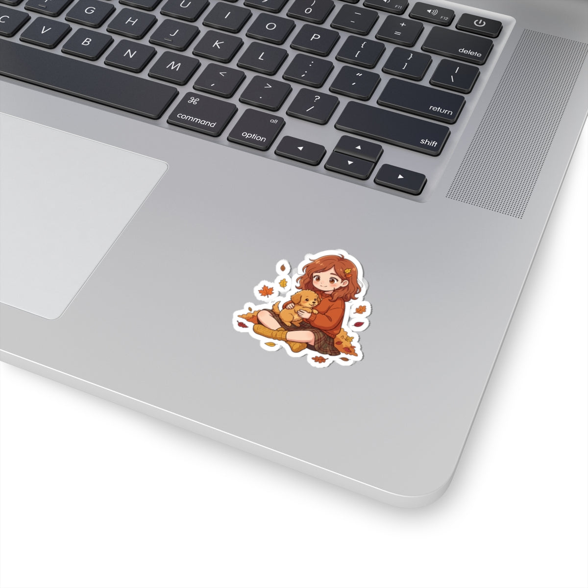 Autumn Girl with Puppy Kiss-Cut Sticker — Cute Fall Laptop Sticker