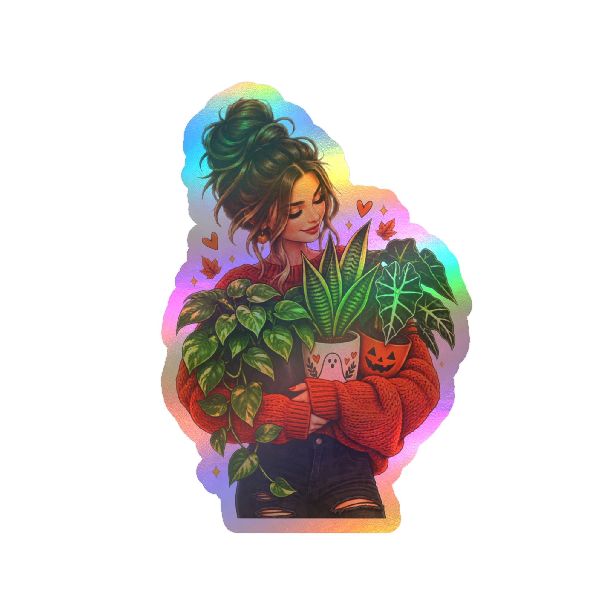 Plant Mom Kiss-Cut Vinyl Sticker — Cozy Girl Holding Houseplants (Fall/Autumn)