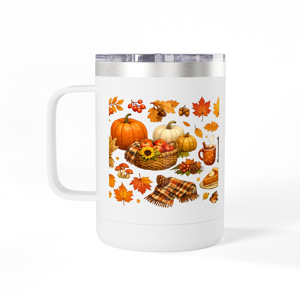 Autumn Harvest 15oz Travel Mug — Pumpkin, Leaves & Pie Fall Tumbler