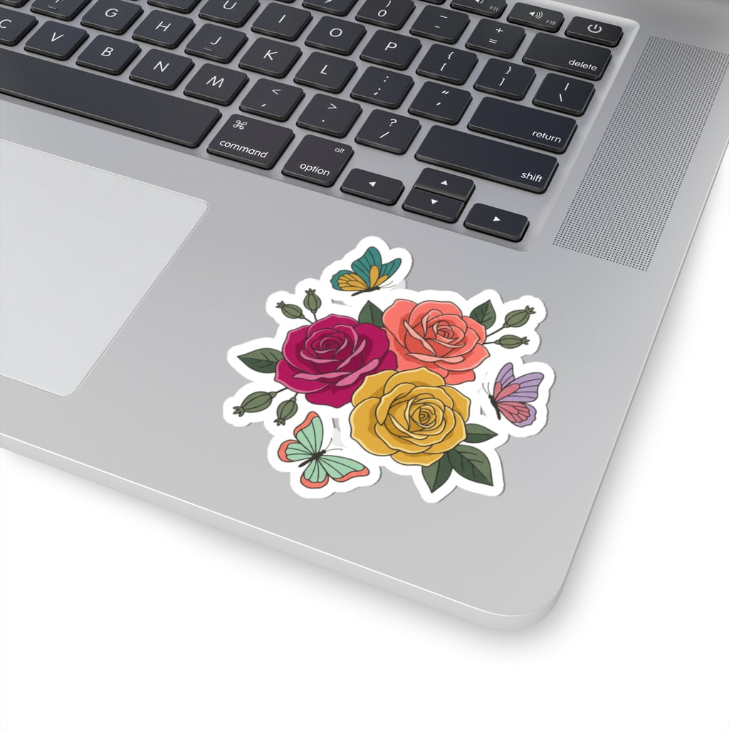 Floral Rose Bouquet Kiss-Cut Sticker — Colorful Roses & Butterflies Vinyl Decal
