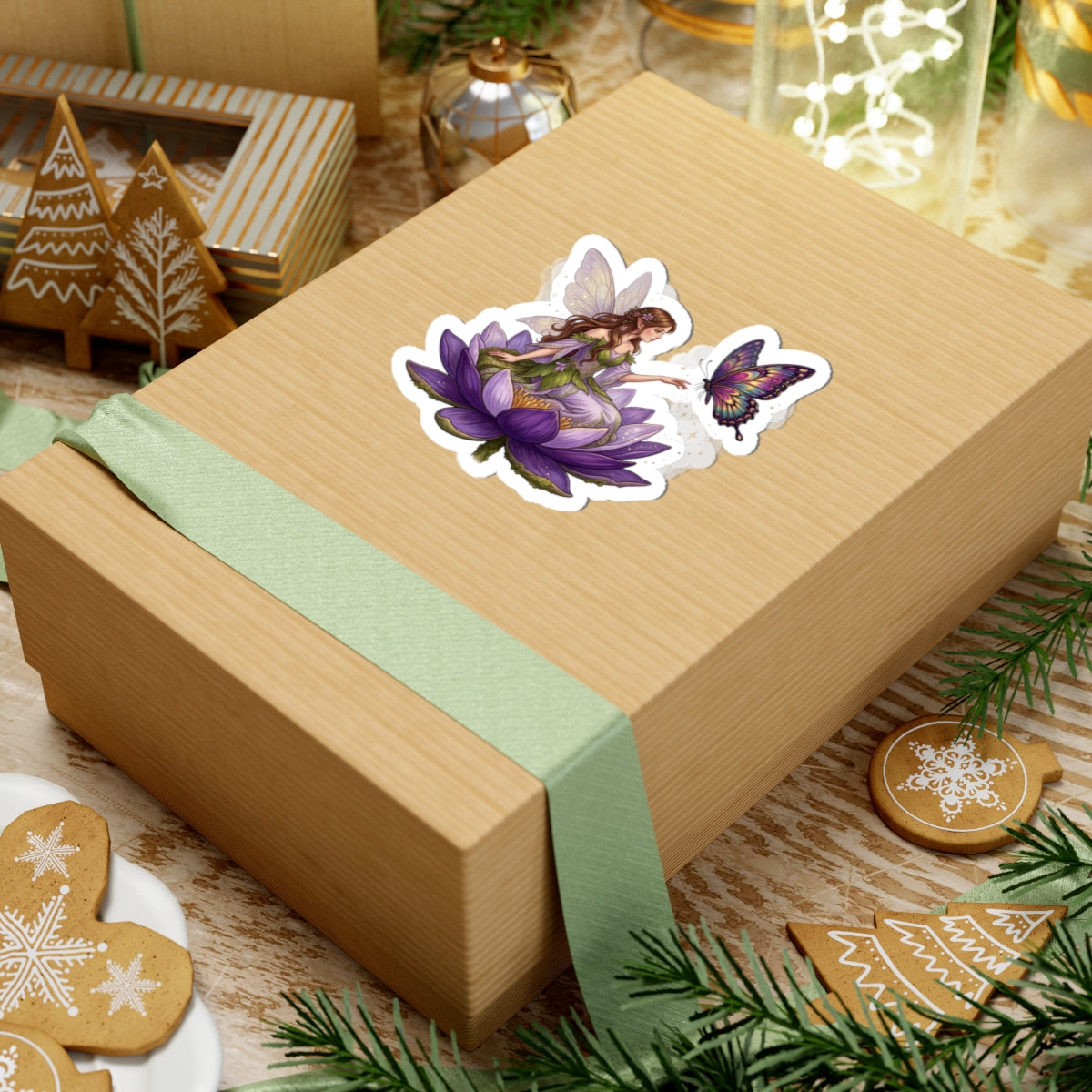 Fairy on Lotus Kiss-Cut Sticker — Purple Butterfly Floral Vinyl Decal