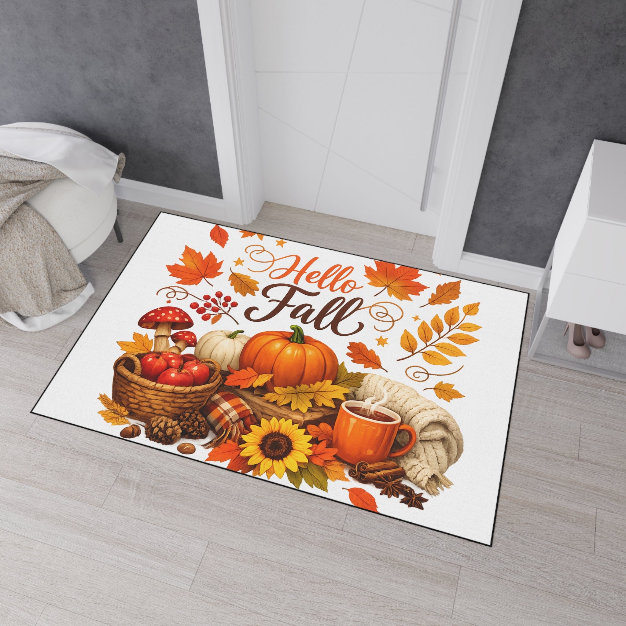 Hello Fall Heavy Duty Floor Mat — Autumn Pumpkin & Leaves Doormat