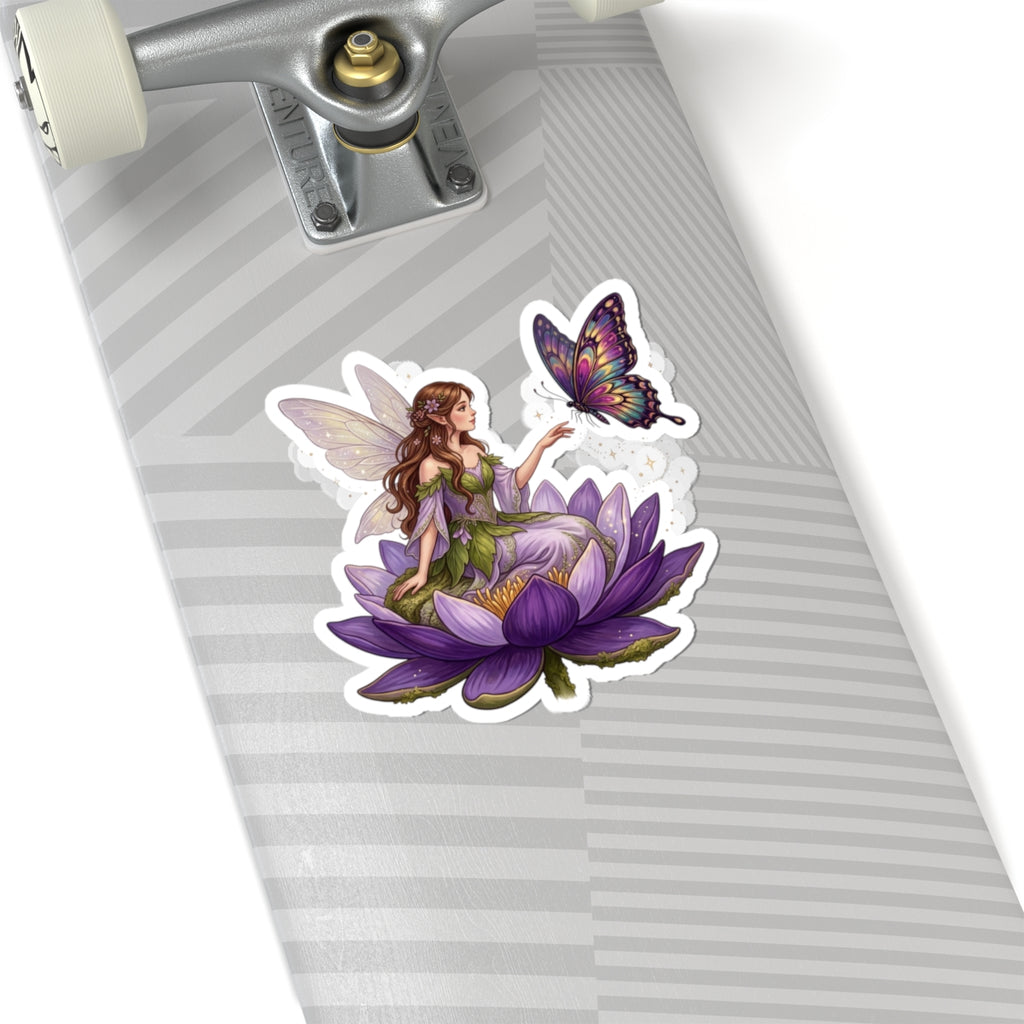 Fairy on Lotus Kiss-Cut Sticker — Purple Butterfly Floral Vinyl Decal