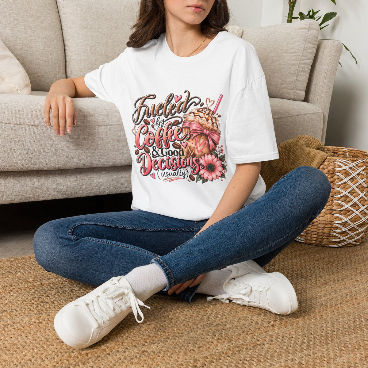 T-Shirt — Fueled by Coffee & Good Decisions (Pink Floral Coffee Design)