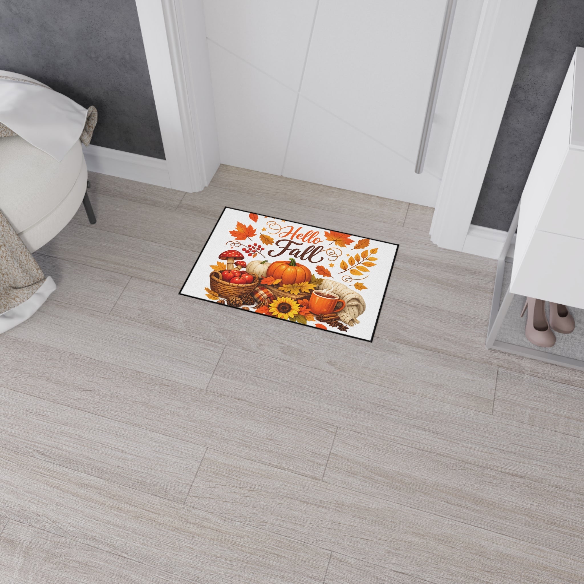 Hello Fall Heavy Duty Floor Mat — Autumn Pumpkin & Leaves Doormat