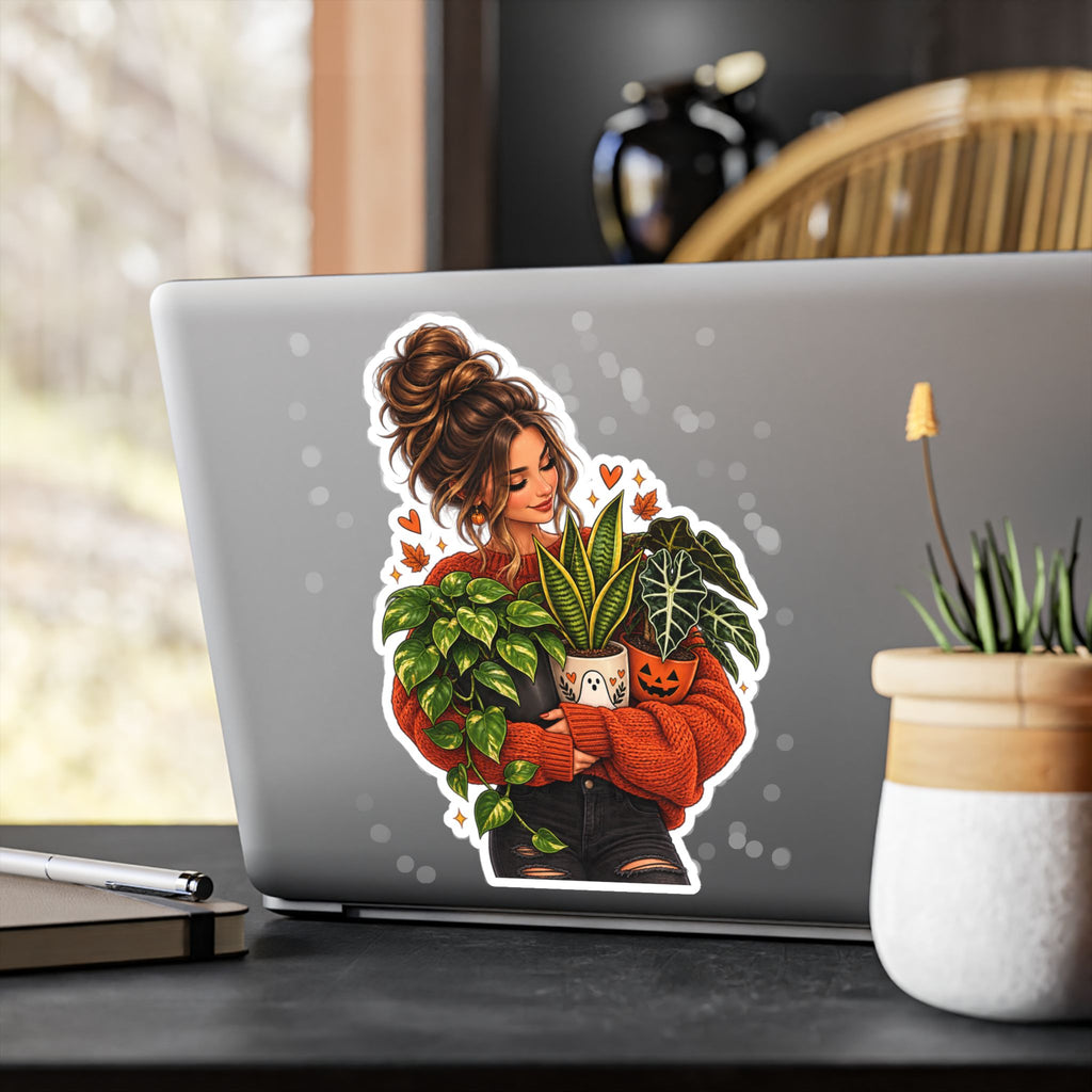 Plant Mom Kiss-Cut Vinyl Sticker — Cozy Girl Holding Houseplants (Fall/Autumn)