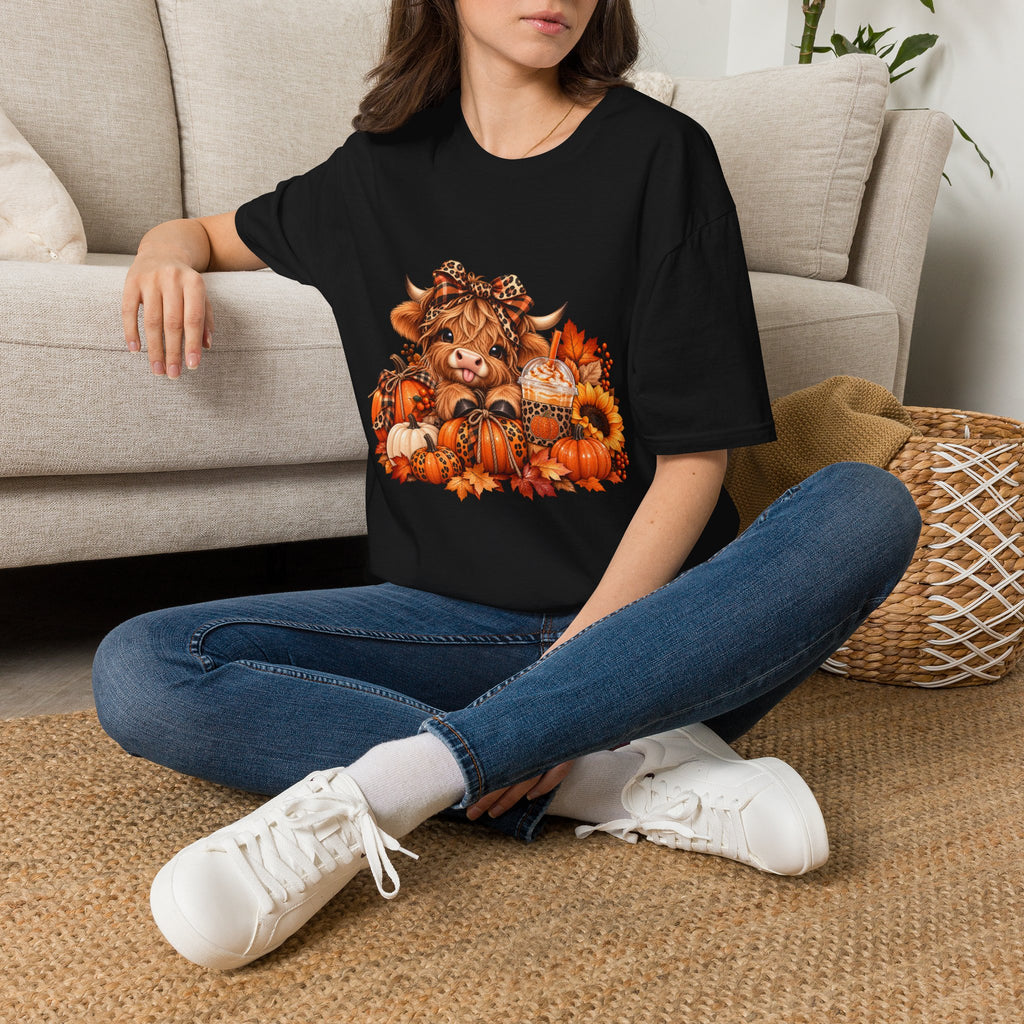 Cute Autumn Highland Cow Pumpkin Harvest T-Shirt