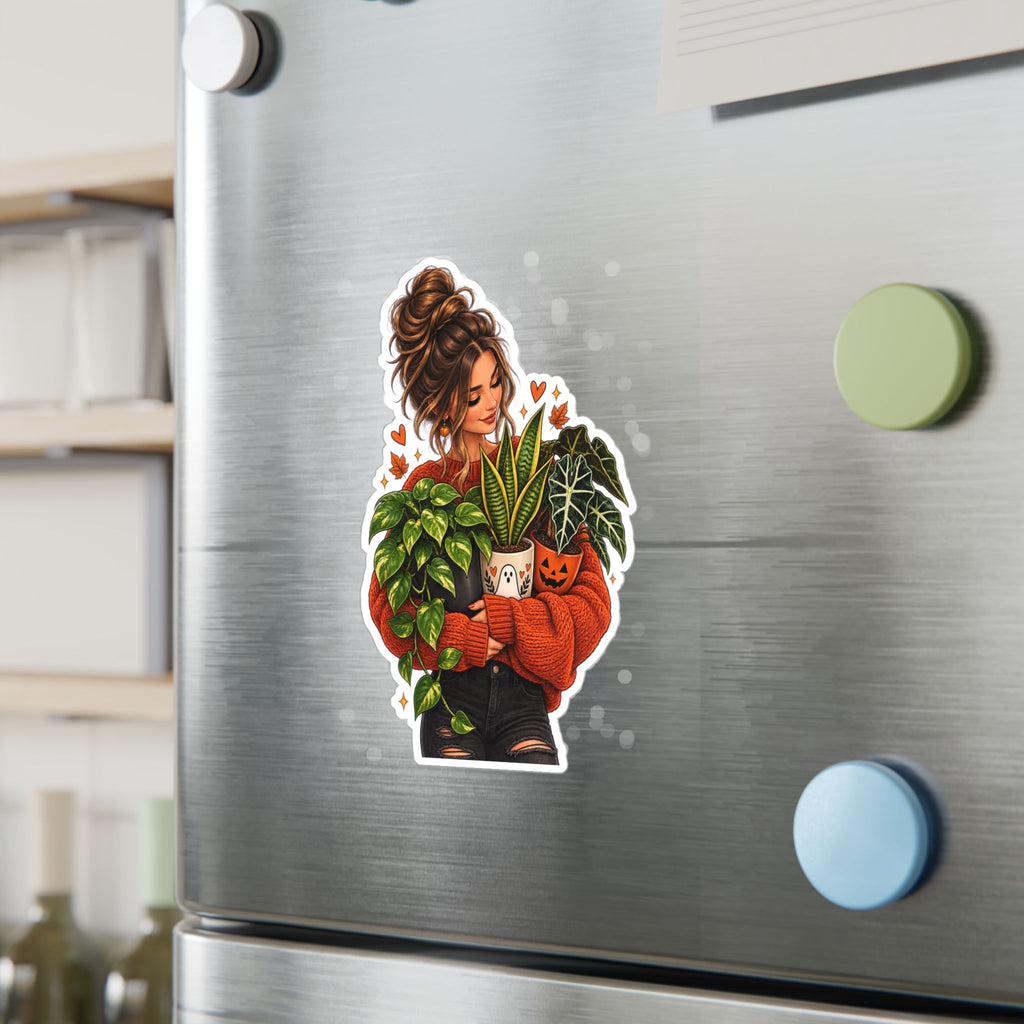 Plant Mom Kiss-Cut Vinyl Sticker — Cozy Girl Holding Houseplants (Fall/Autumn)