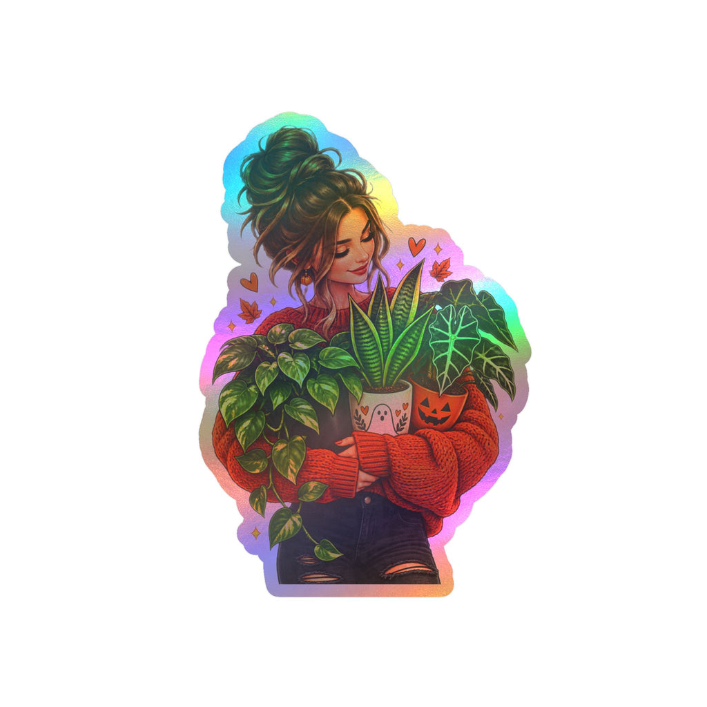 Plant Mom Kiss-Cut Vinyl Sticker — Cozy Girl Holding Houseplants (Fall/Autumn)