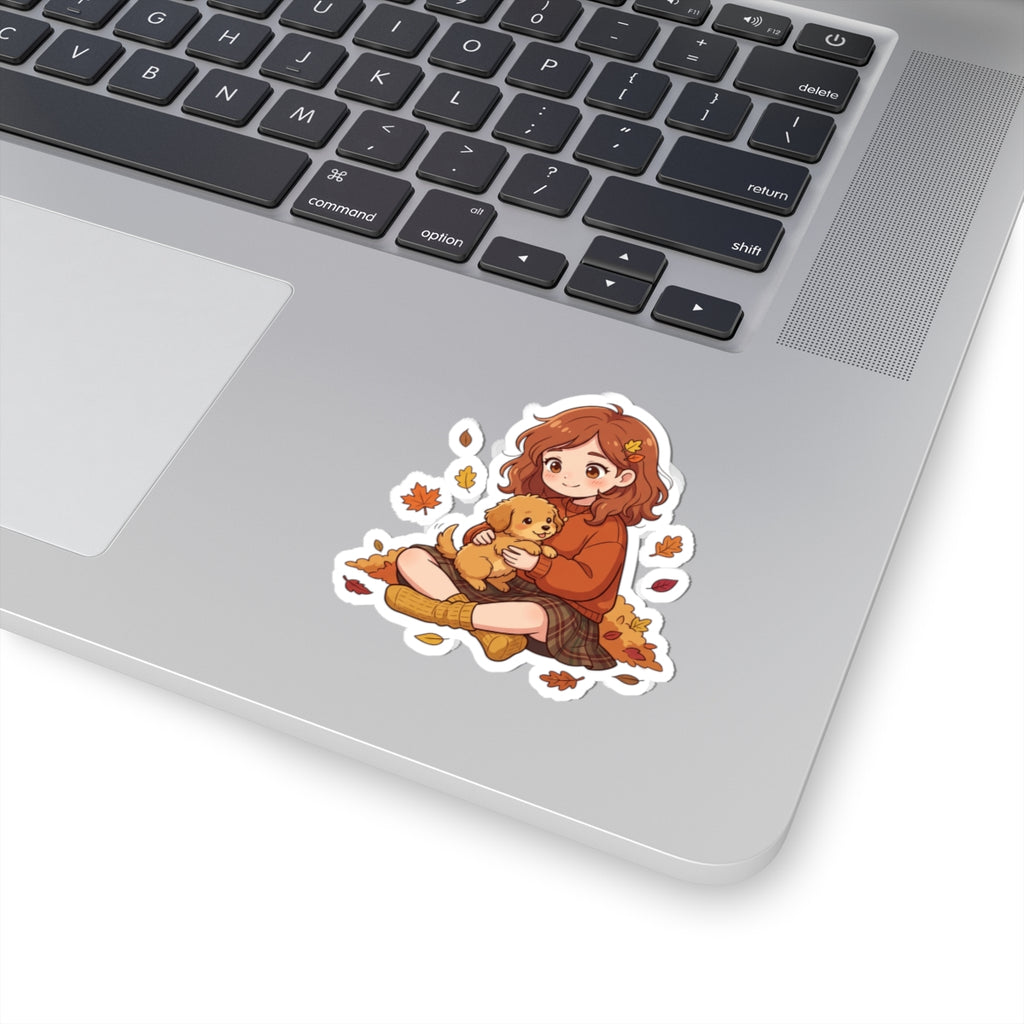 Autumn Girl with Puppy Kiss-Cut Sticker — Cute Fall Laptop Sticker
