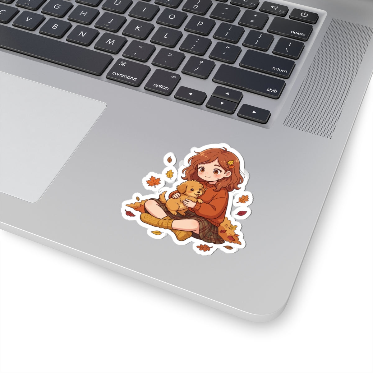 Autumn Girl with Puppy Kiss-Cut Sticker — Cute Fall Laptop Sticker