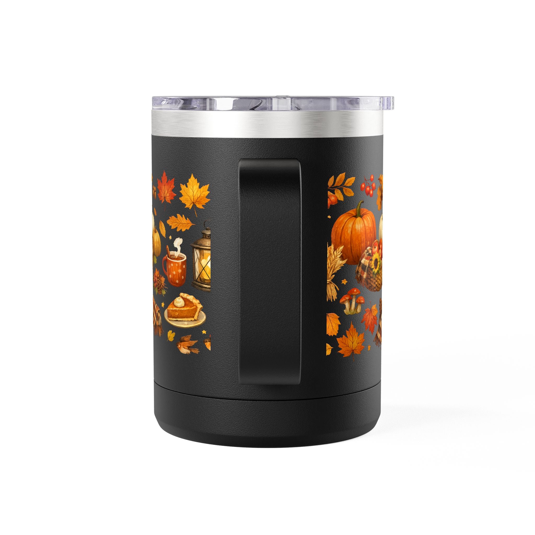 Autumn Harvest 15oz Travel Mug — Pumpkin, Leaves & Pie Fall Tumbler