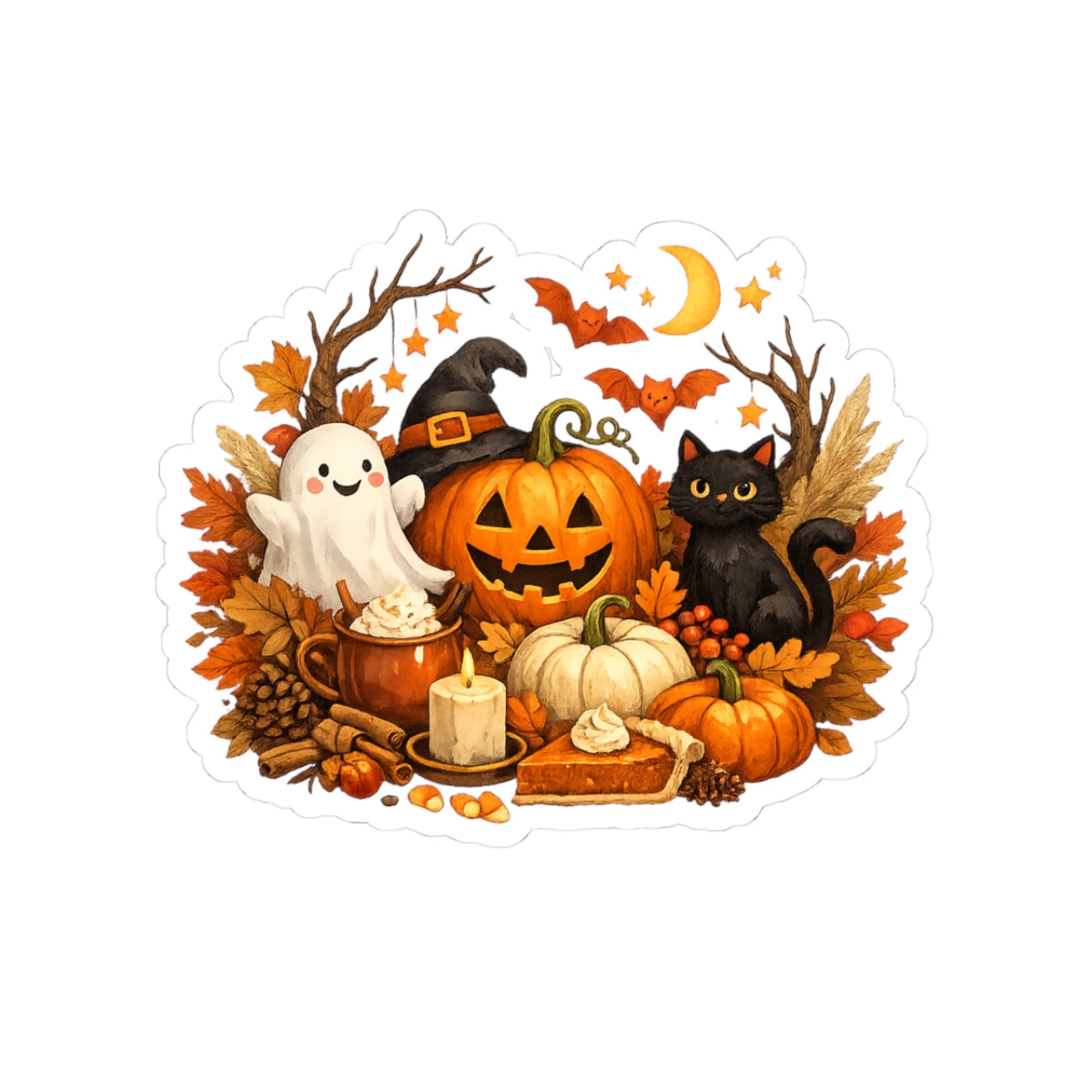 Halloween Pumpkin & Black Cat Kiss-Cut Sticker — Cute Ghost, Fall Leaves & Pumpkin Pie Decal