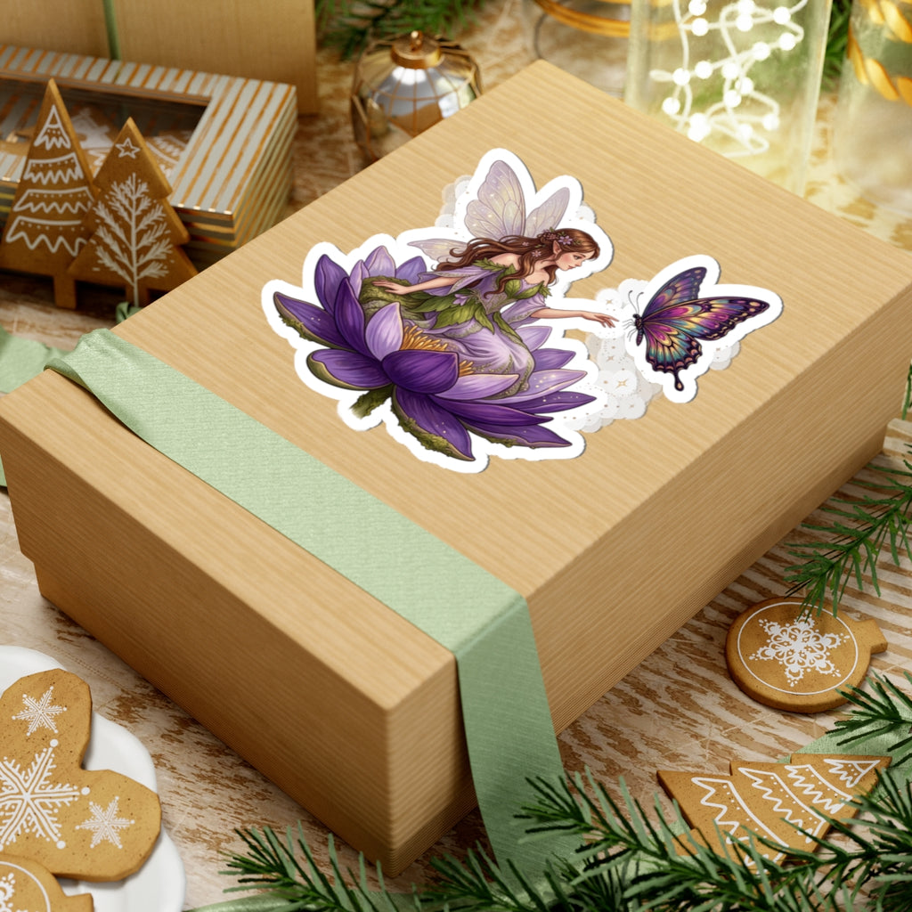 Fairy on Lotus Kiss-Cut Sticker — Purple Butterfly Floral Vinyl Decal