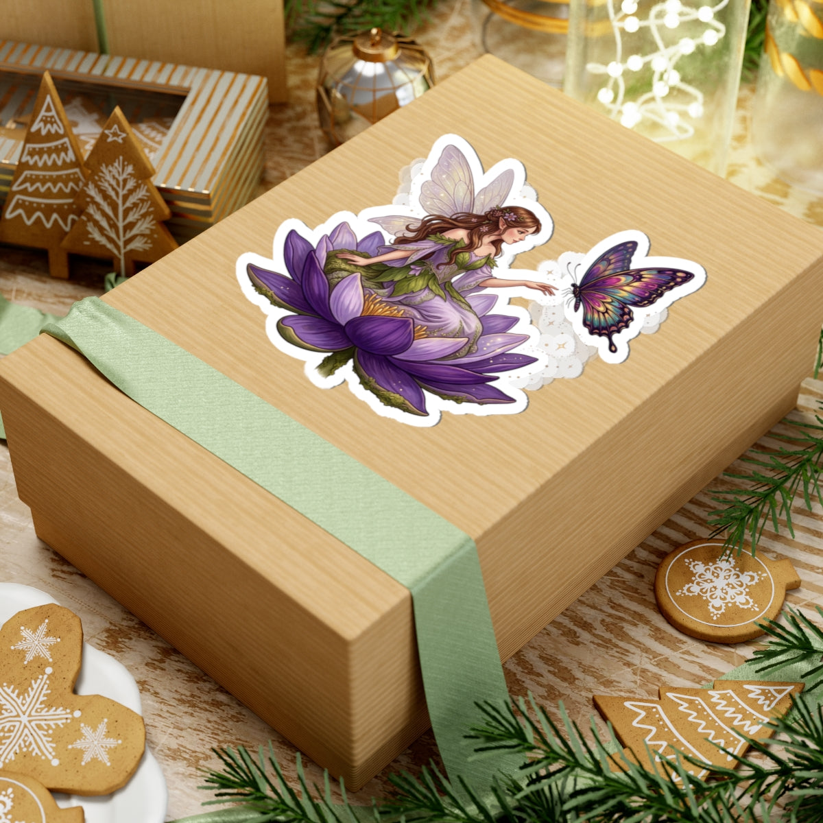 Fairy on Lotus Kiss-Cut Sticker — Purple Butterfly Floral Vinyl Decal