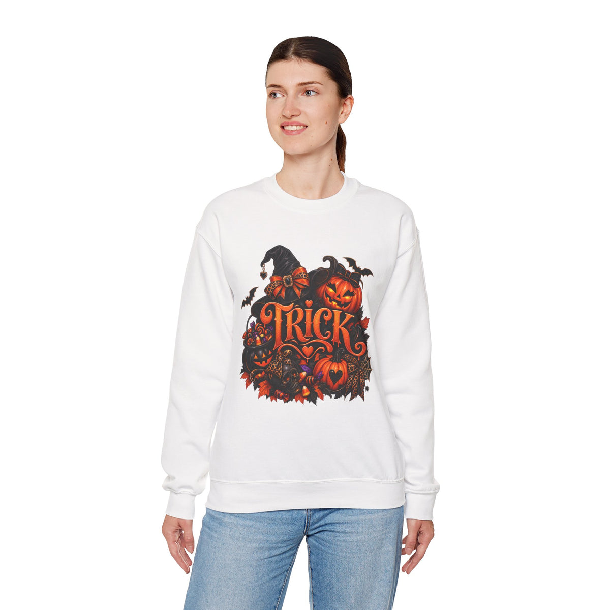 Halloween 'Trick' Crewneck Sweatshirt – Pumpkin, Witch Hat & Bat Fall Graphic