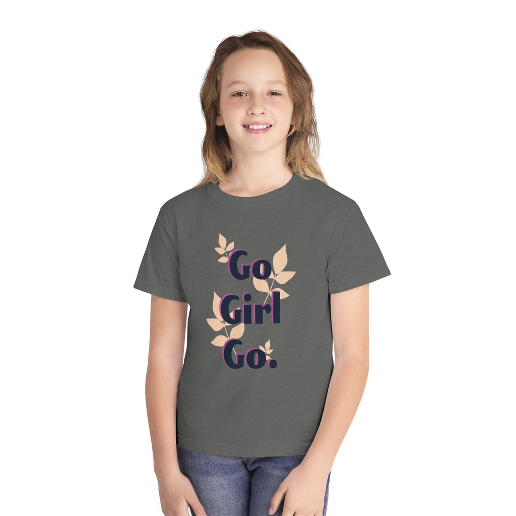 Go Girl Go Youth Tee — Motivational Floral Graphic Shirt for Girls