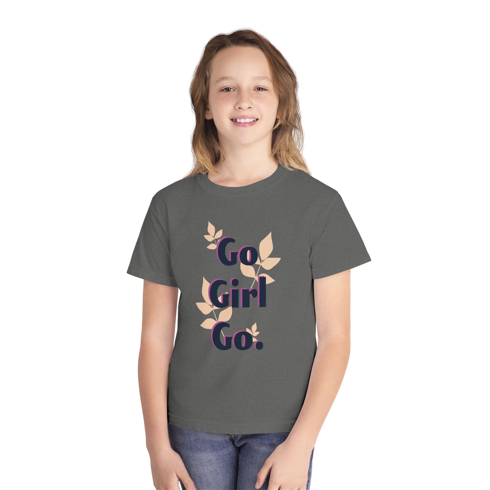 Go Girl Go Youth Tee — Motivational Floral Graphic Shirt for Girls