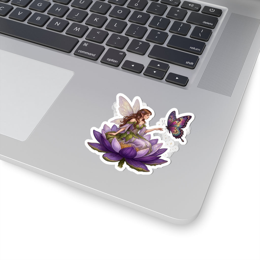 Fairy on Lotus Kiss-Cut Sticker — Purple Butterfly Floral Vinyl Decal