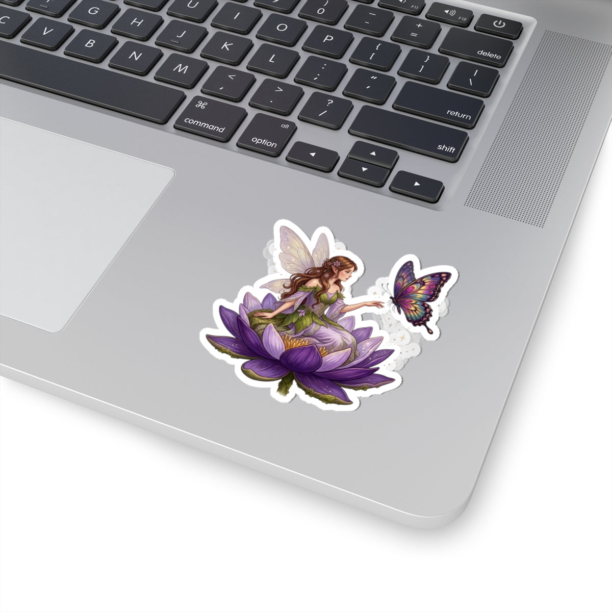 Fairy on Lotus Kiss-Cut Sticker — Purple Butterfly Floral Vinyl Decal