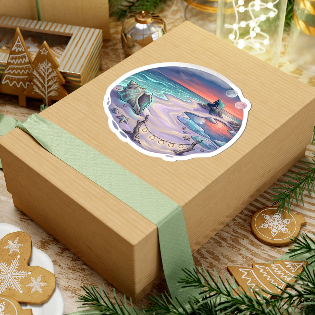 Seaside Mermaid Cove Sticker — Sunset Beach Kiss-Cut Vinyl