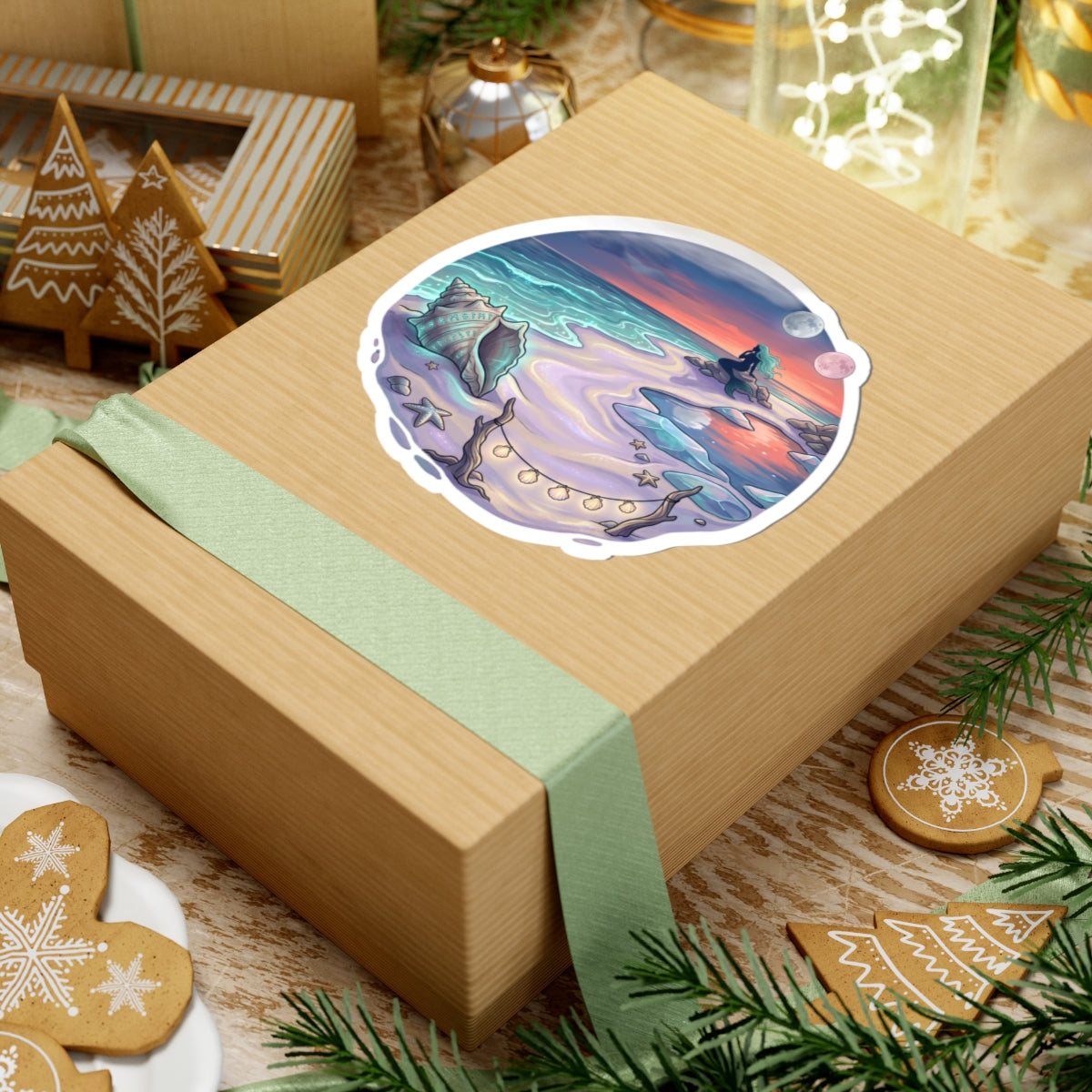 Seaside Mermaid Cove Sticker — Sunset Beach Kiss-Cut Vinyl