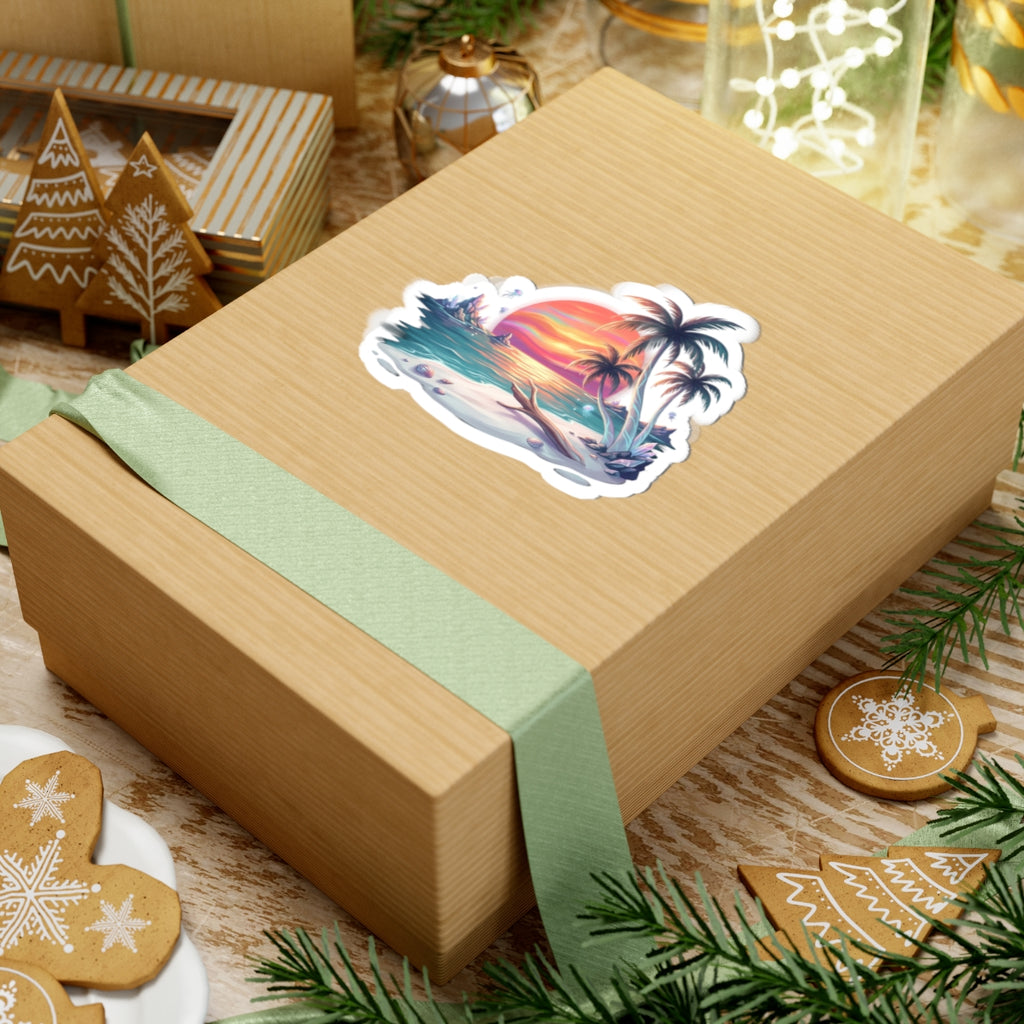 Beach Sunset Sticker — Tropical Palm Paradise Kiss-Cut Decal
