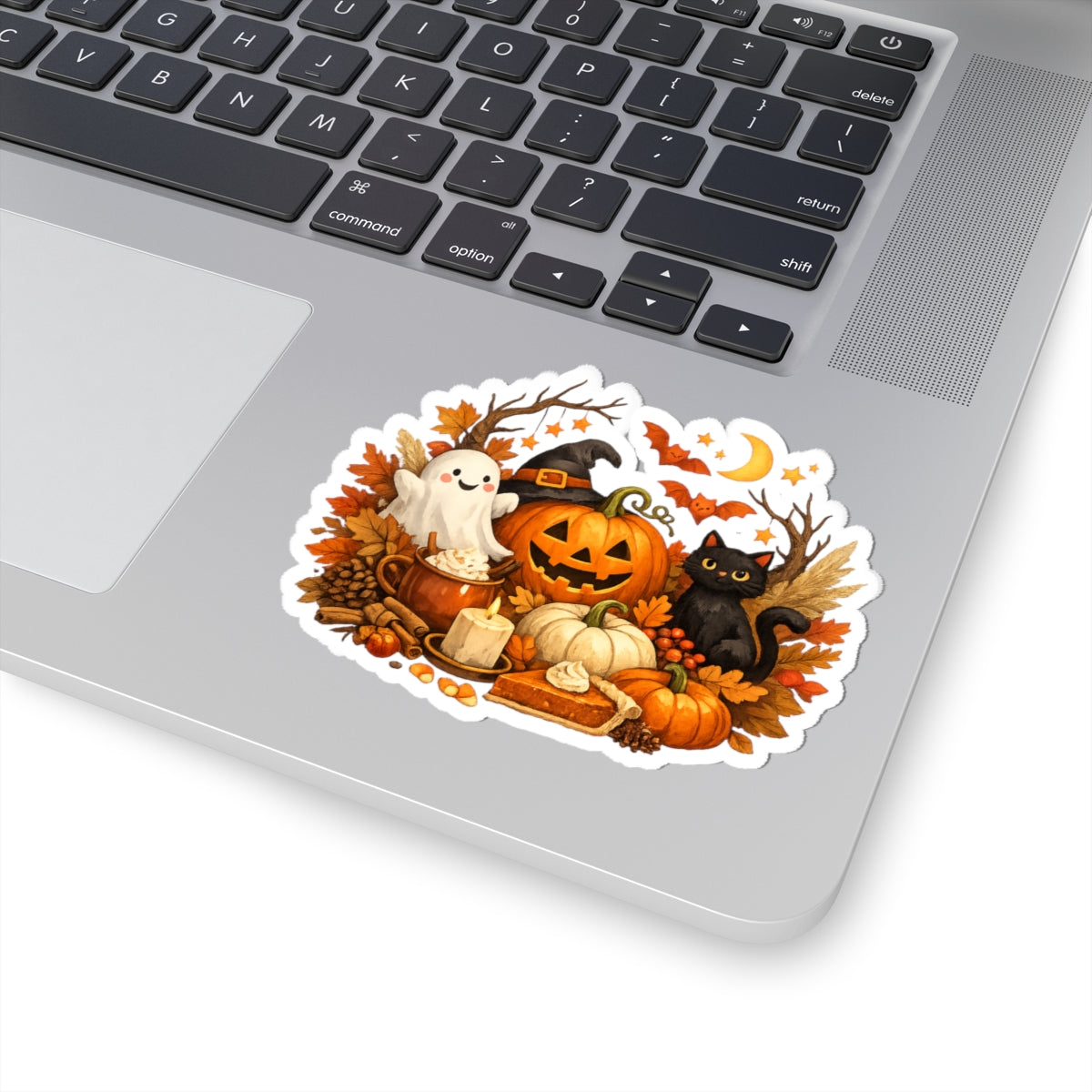 Halloween Pumpkin & Black Cat Kiss-Cut Sticker — Cute Ghost, Fall Leaves & Pumpkin Pie Decal