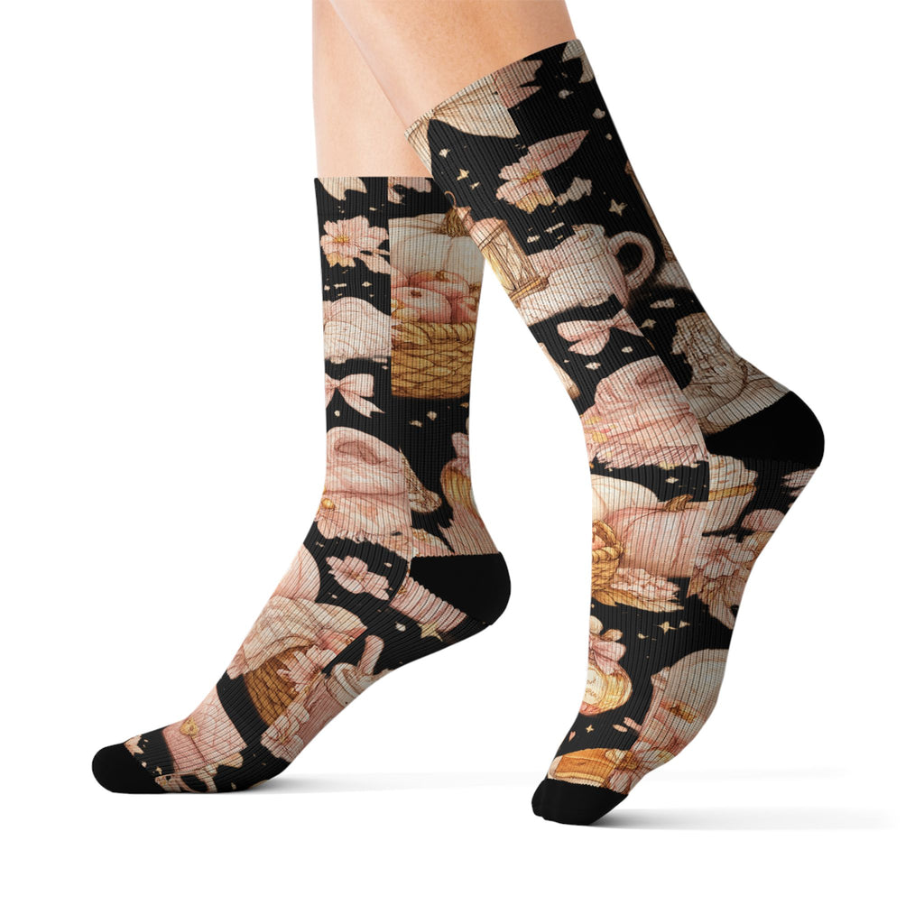 Floral Lantern Sublimation Socks — Black Rose Garden Crew Socks