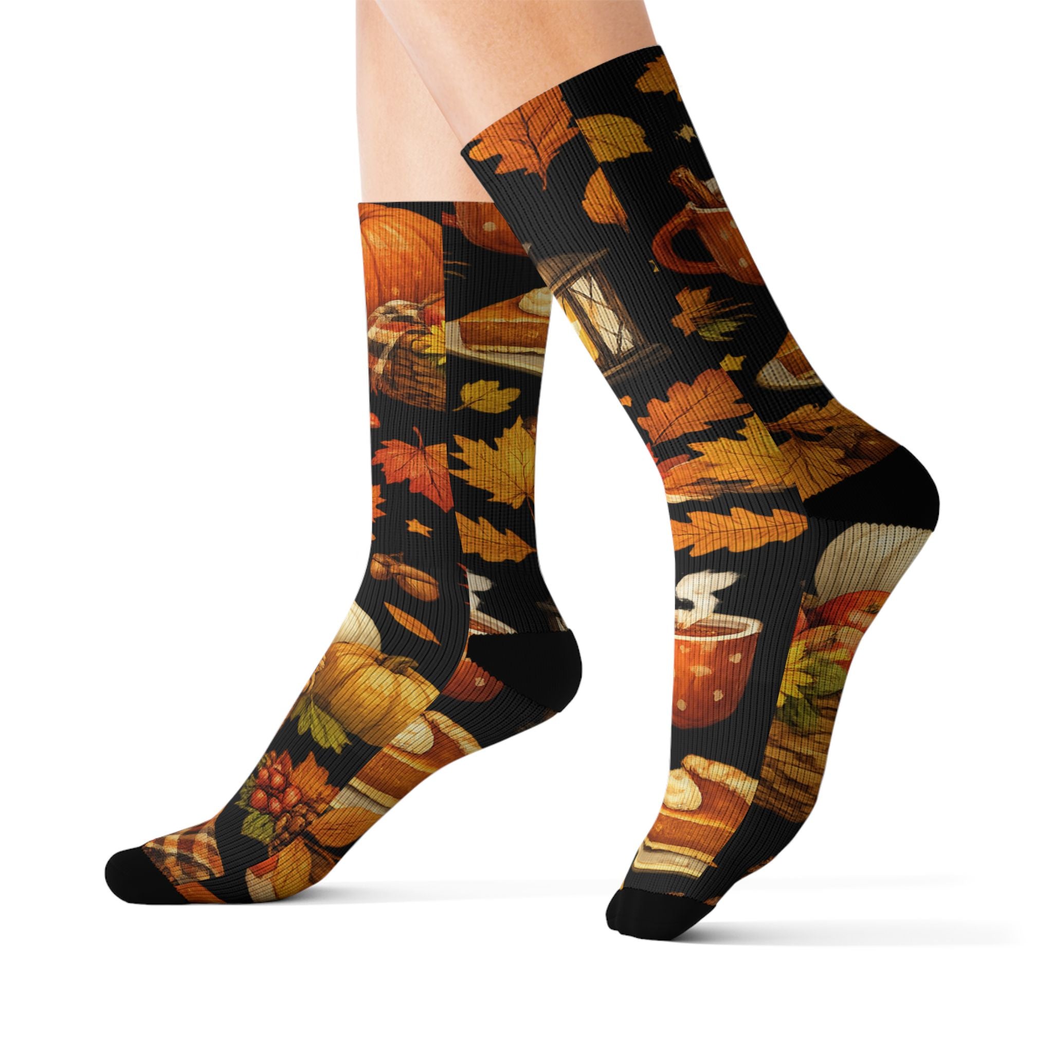 Autumn Harvest Sublimation Socks — Pumpkin Pie, Lanterns & Fall Leaves Pattern