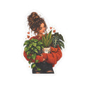 Plant Mom Kiss-Cut Vinyl Sticker — Cozy Girl Holding Houseplants (Fall/Autumn)