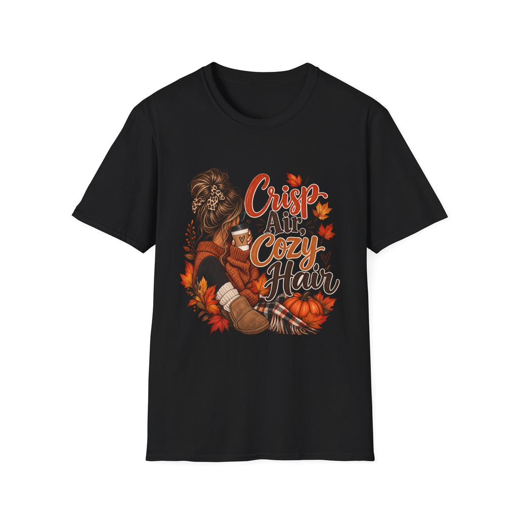 Cozy Fall Tee - "Crisp Air, Cozy Hair" Autumn Graphic T-Shirt
