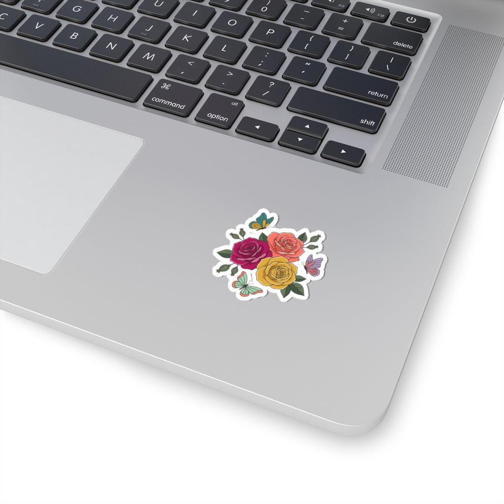 Floral Rose Bouquet Kiss-Cut Sticker — Colorful Roses & Butterflies Vinyl Decal