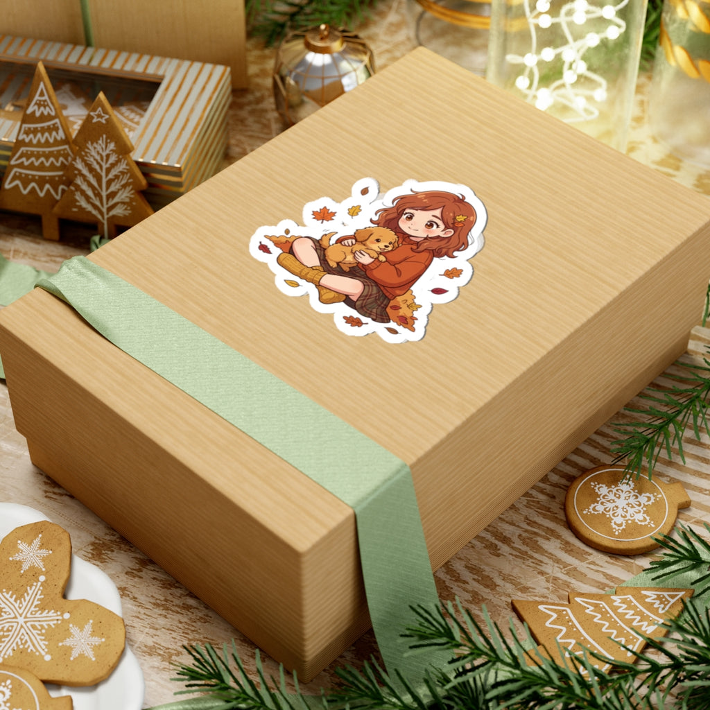 Autumn Girl with Puppy Kiss-Cut Sticker — Cute Fall Laptop Sticker