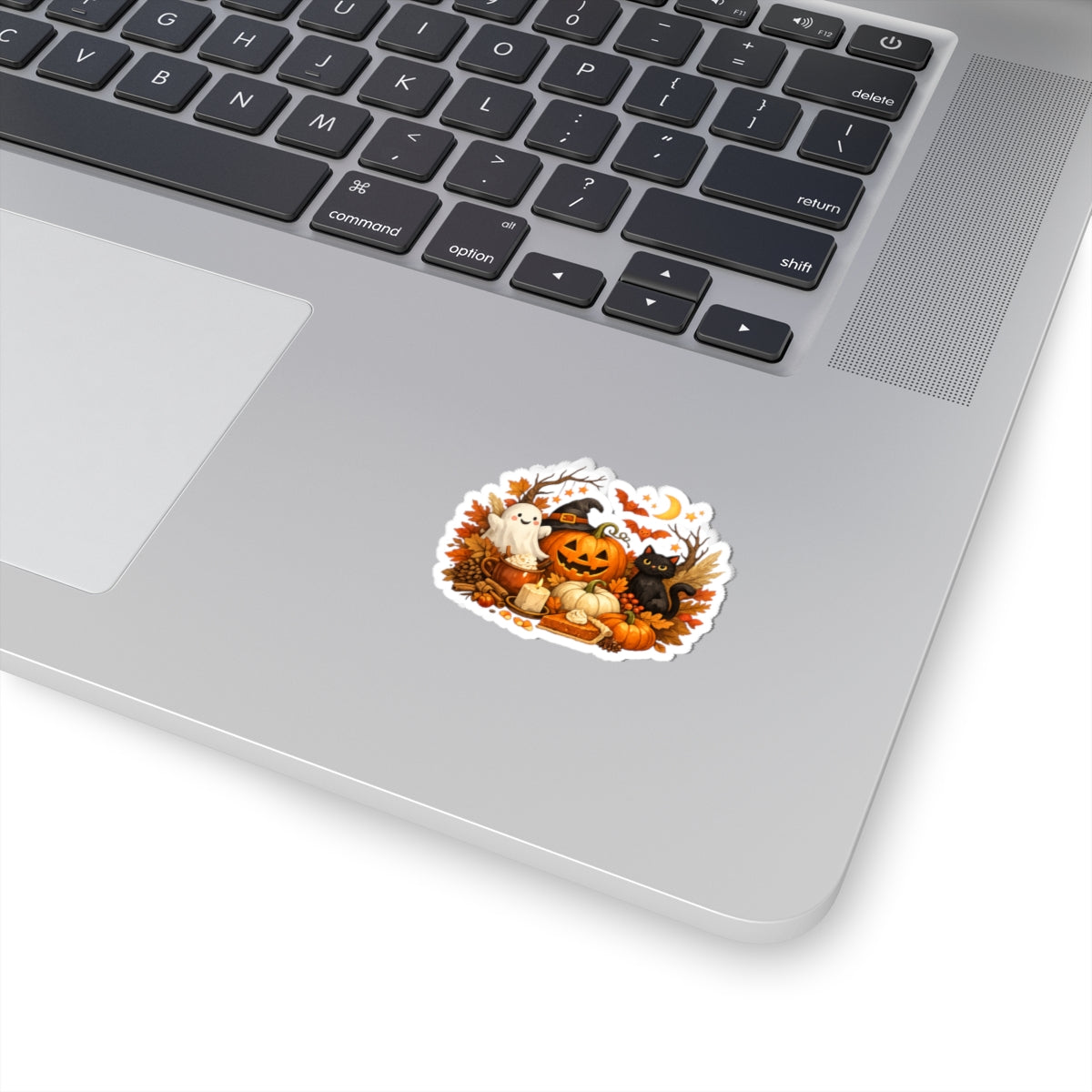 Halloween Pumpkin & Black Cat Kiss-Cut Sticker — Cute Ghost, Fall Leaves & Pumpkin Pie Decal