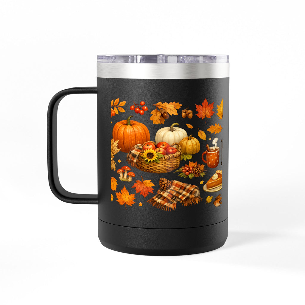 Autumn Harvest 15oz Travel Mug — Pumpkin, Leaves & Pie Fall Tumbler
