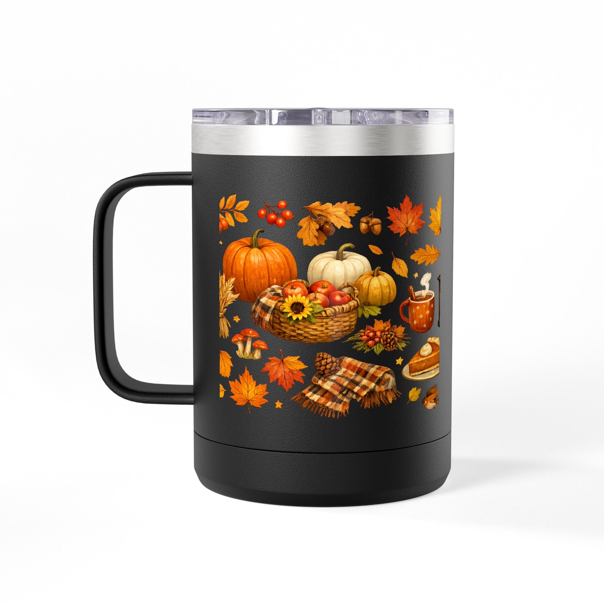 Autumn Harvest 15oz Travel Mug — Pumpkin, Leaves & Pie Fall Tumbler