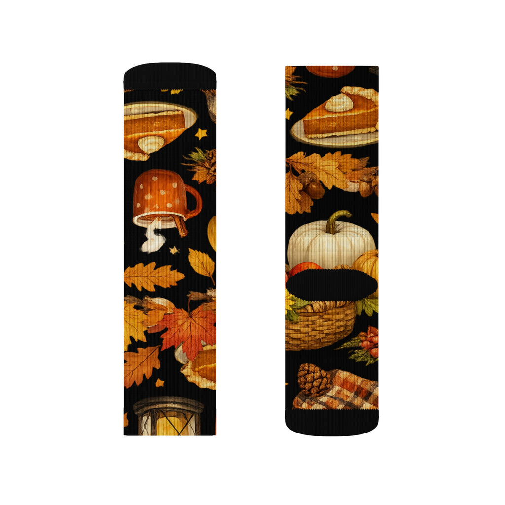 Autumn Harvest Sublimation Socks — Pumpkin Pie, Lanterns & Fall Leaves Pattern