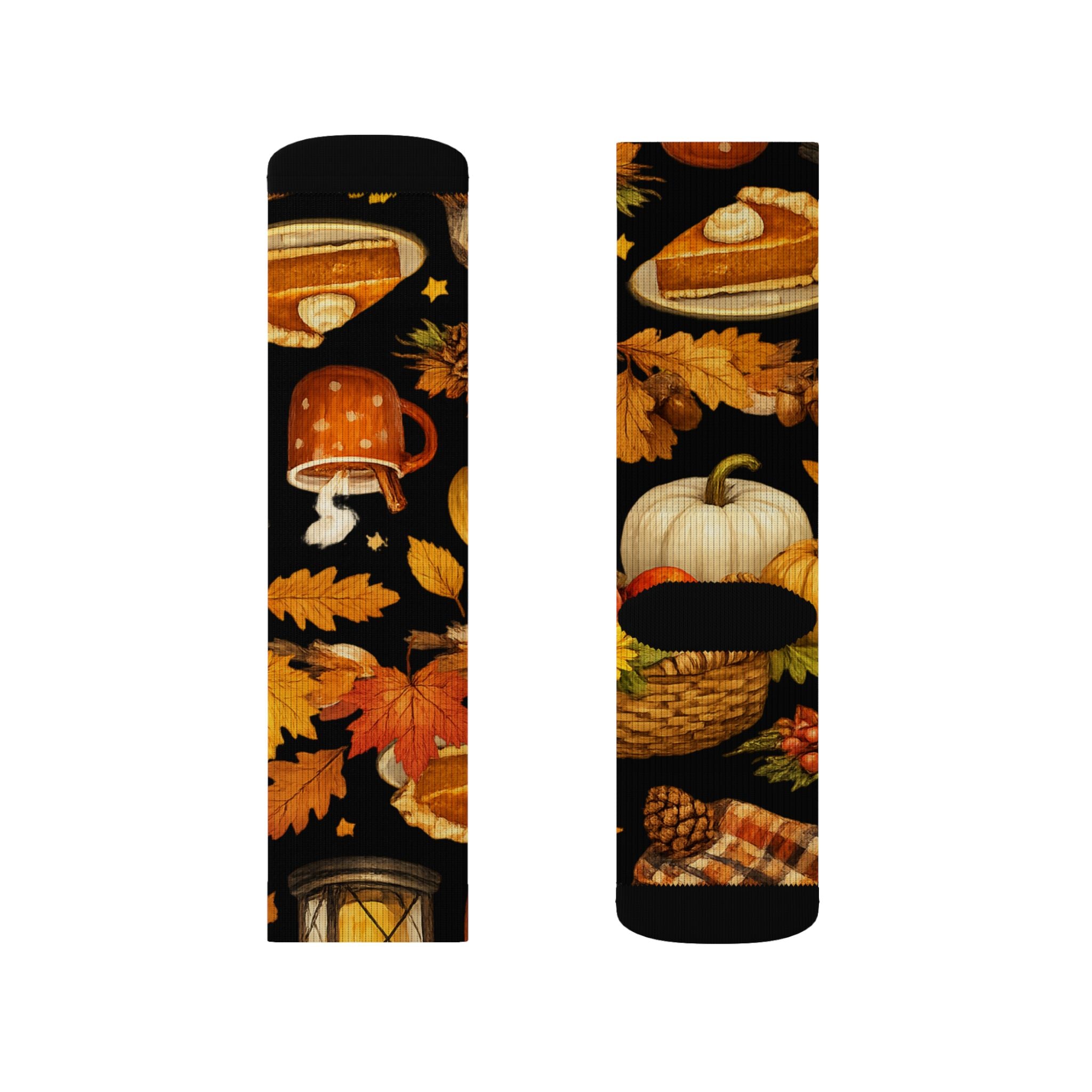 Autumn Harvest Sublimation Socks — Pumpkin Pie, Lanterns & Fall Leaves Pattern
