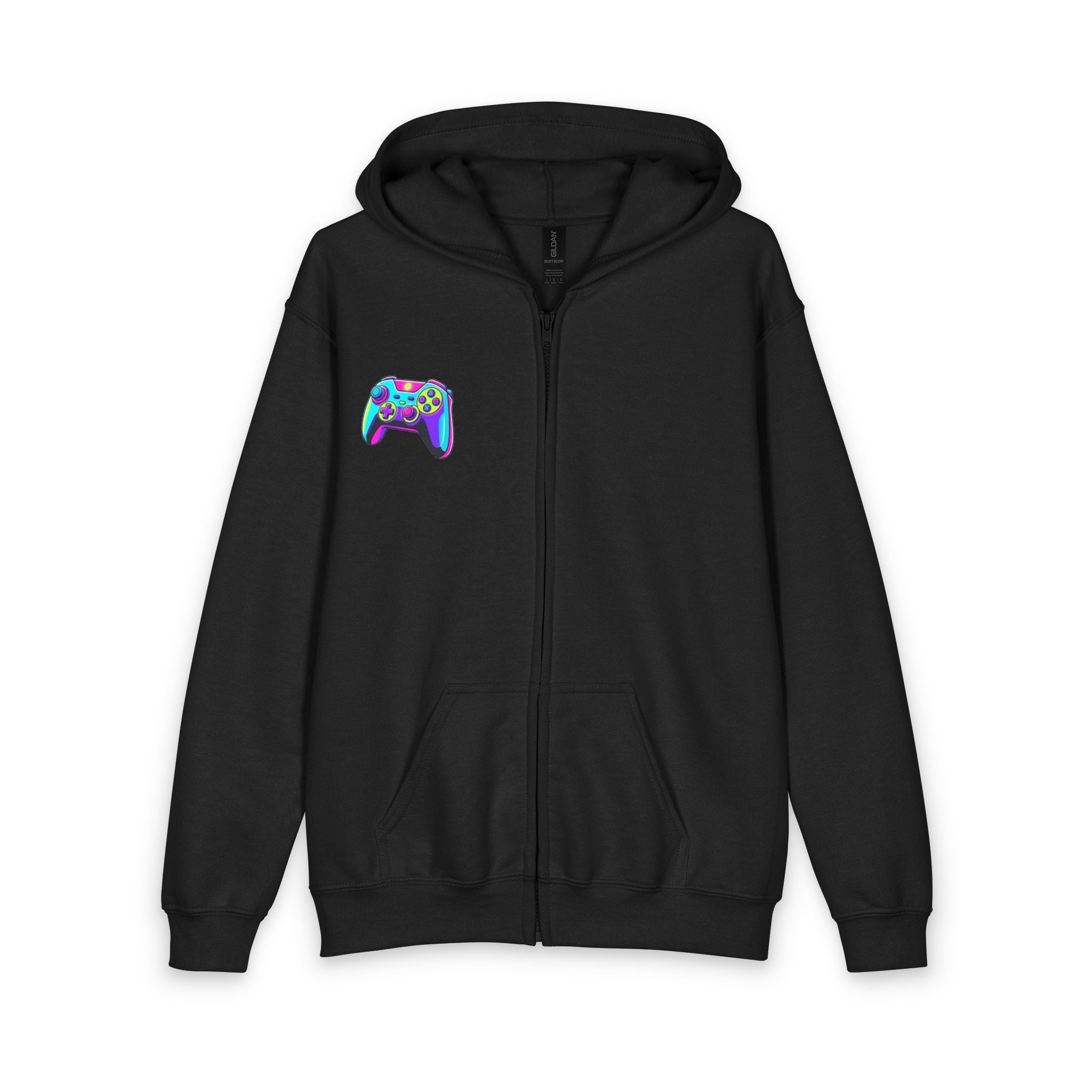 Youth Gamer Zip-Up Hoodie — Neon Retro Game Controller Design