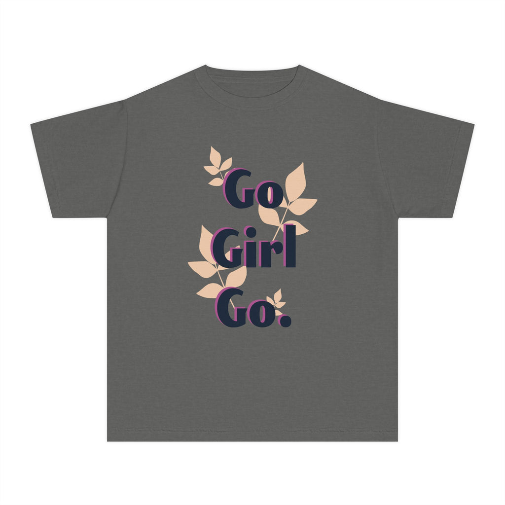 Go Girl Go Youth Tee — Motivational Floral Graphic Shirt for Girls