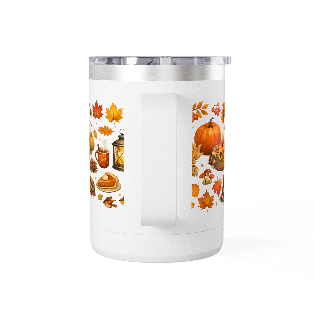 Autumn Harvest 15oz Travel Mug — Pumpkin, Leaves & Pie Fall Tumbler