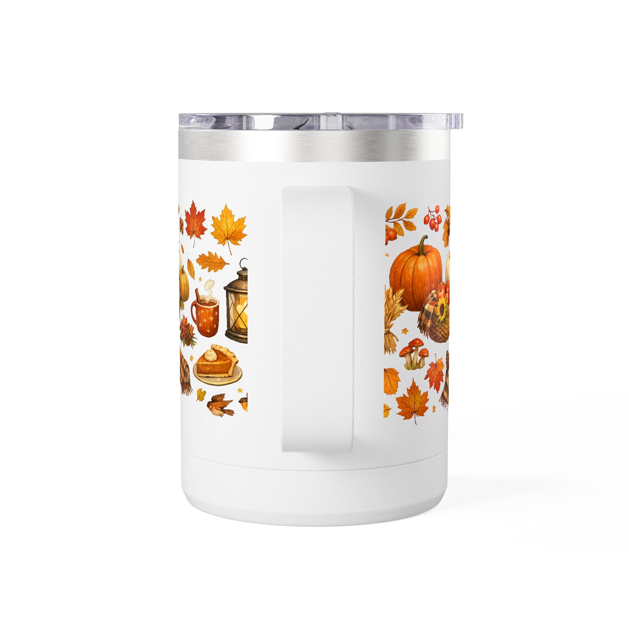 Autumn Harvest 15oz Travel Mug — Pumpkin, Leaves & Pie Fall Tumbler