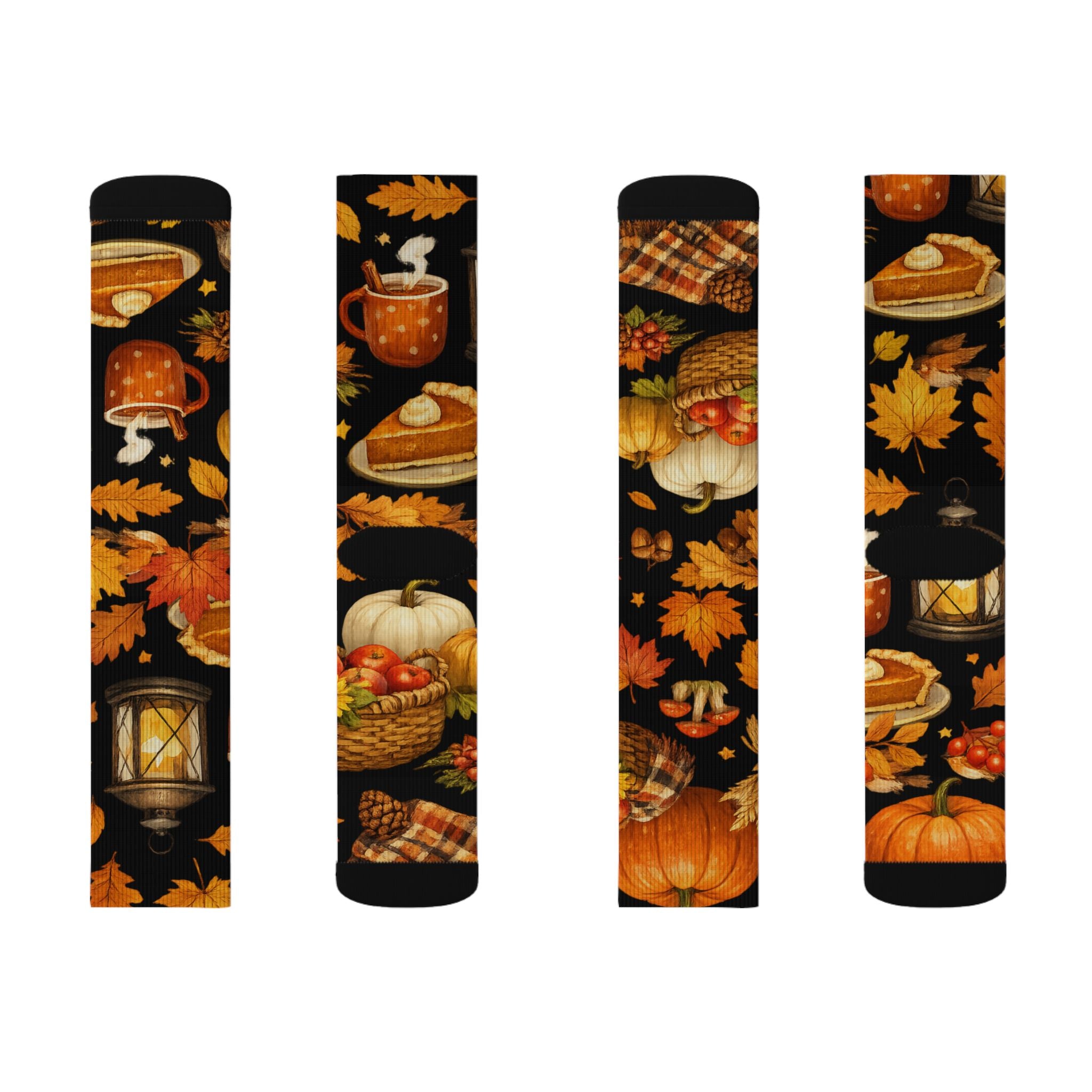 Autumn Harvest Sublimation Socks — Pumpkin Pie, Lanterns & Fall Leaves Pattern