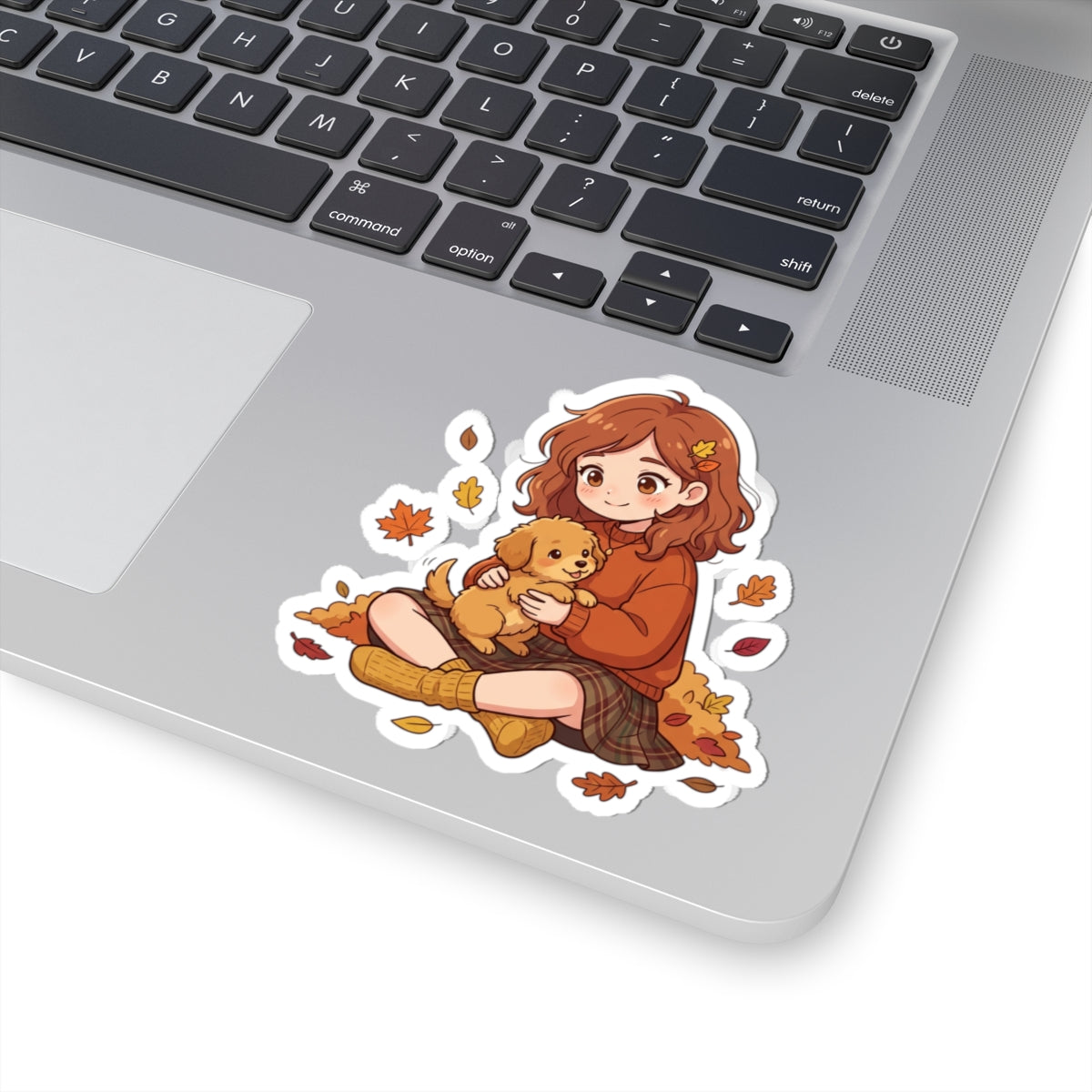 Autumn Girl with Puppy Kiss-Cut Sticker — Cute Fall Laptop Sticker