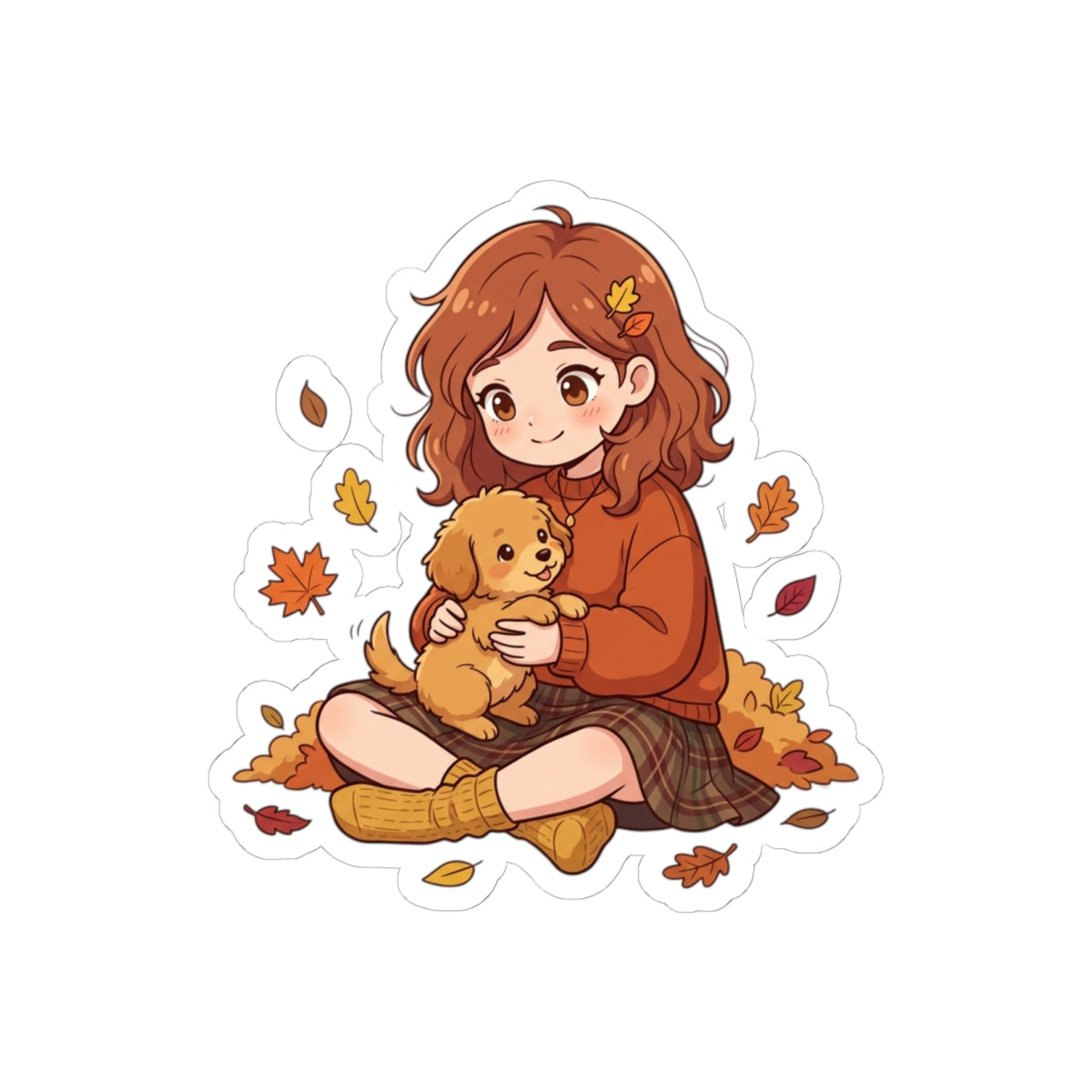 Autumn Girl with Puppy Kiss-Cut Sticker — Cute Fall Laptop Sticker